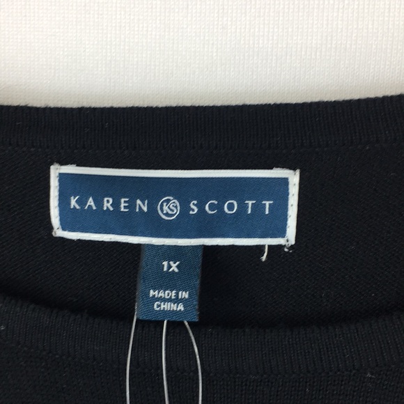 Karen Scott Cotton Boat Neckline Basic Black Sweater - Picture 3 of 6